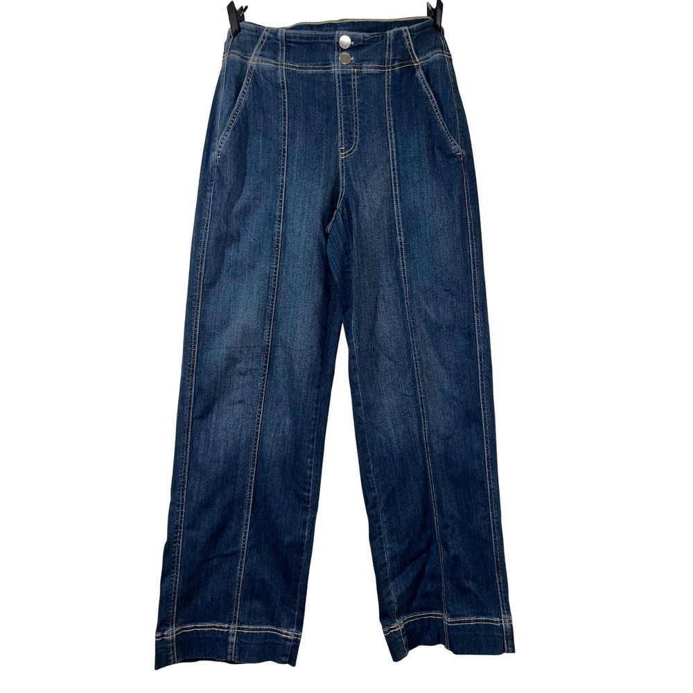 Chicos Pull On Wide Leg Jeans Dark Wash High Rise Seamed Denim Pants Sz 4R (0R)